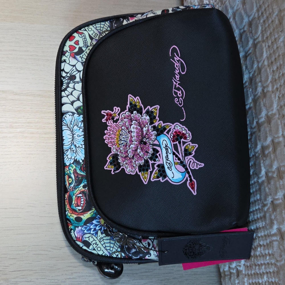 Ed Hardy Floral Rhinestone And Tattoo Print Makeup Bag Set